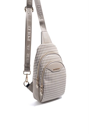 Silver & Polo SP959 Kadın Vücut Çantası Ekose Line Kare Kum Beji