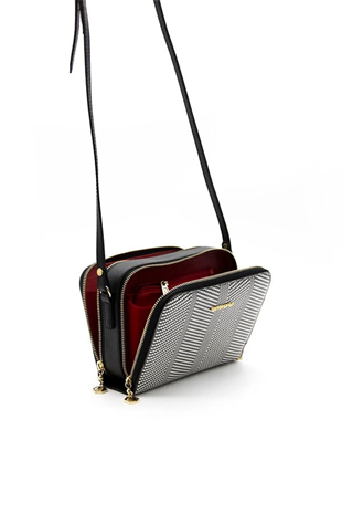 Silver & Polo SP888 Kadın Çapraz Çanta Hasır Siyah Beyaz-Siyah