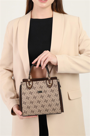 Silver & Polo SP1133 Kadın El Çantası Monogram Koyubej-Kahve