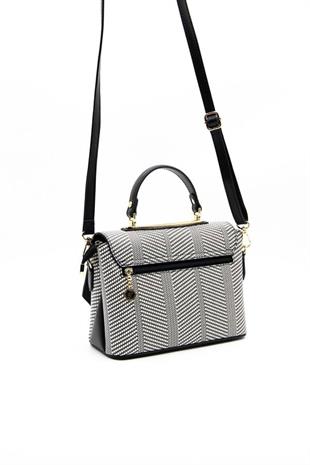 Silver & Polo SP838 Kadın Çapraz Çanta Hasır Siyah Beyaz-Siyah