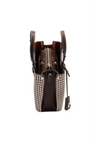 Silver & Polo SP975 Kadın El Çantası Ekose Line Kare Kahve Sarı-Kahve