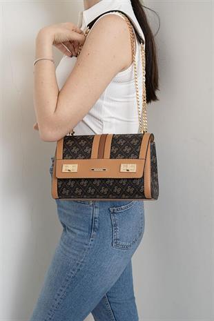 Silver & Polo SP1139 Kadın Çapraz Çanta Monogram Kahve Sarı-A.Taba