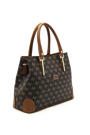 Silver & Polo SP667 Kadın El Çantası Monogram Kahve Sarı-Taba