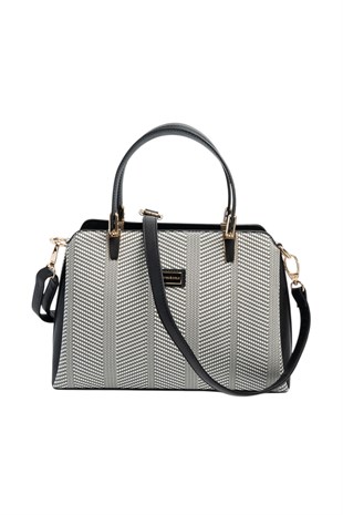 Silver & Polo SP9721 Kadın El Çantası Hasır Siyah Beyaz-Siyah