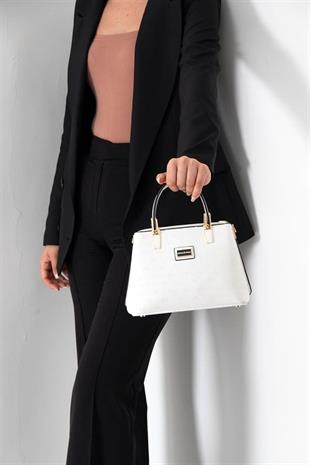 Silver & Polo SP987 Kadın El Çantası Logolu Beyaz-Beyaz