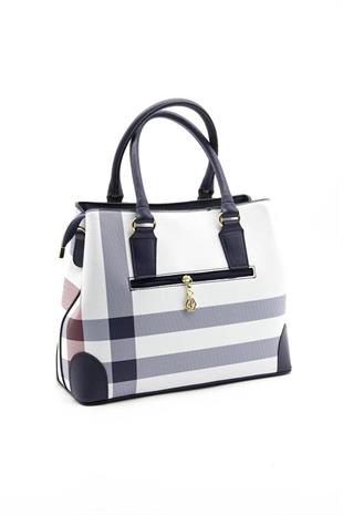 Silver & Polo SP667 Kadın El Çantası Ekose Beyaz-Lacivert