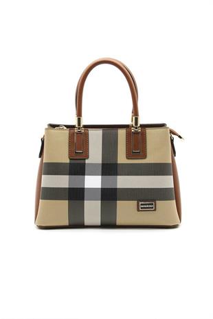 Silver & Polo SP1000 Kadın El Çantası Ekose Bej-Taba