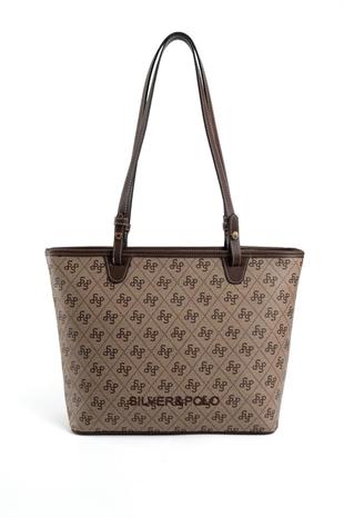 Silver Polo SP1204 Kadın Omuz Çantası Monogram Koyubej-Kahve