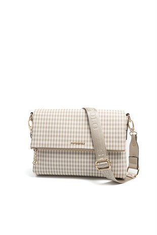 Silver & Polo SP963 Kadın Çapraz Çanta Ekose Line Kare Kum Beji-Kum Beji