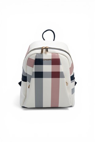 Silver & Polo SP926 Kadın Sırt Çantası Ekose Beyaz-Lacivert