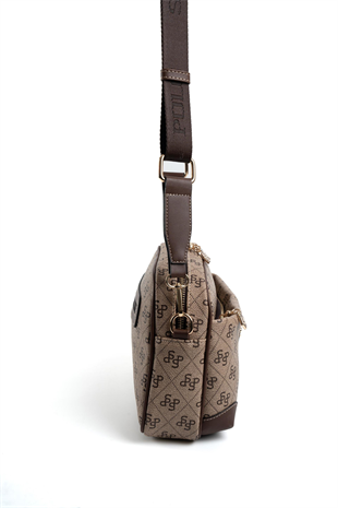 Silver & Polo SP1094 Kadın Çapraz Çanta Monogram Koyubej-Kahve
