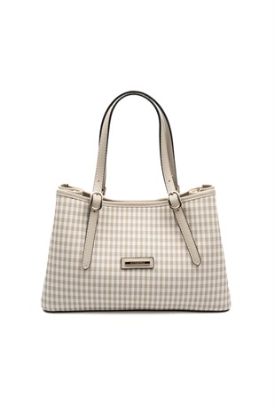 Silver & Polo SP1252 Kadın El Çantası Ekose Line Kare Kum Beji-Kum Beji