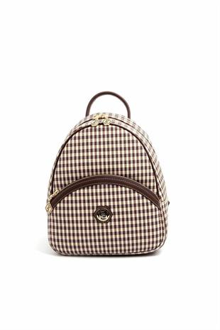 Silver & Polo SP945 Kadın Sırt Çantası Ekose Line Kare Kahve Sarı-Kahve