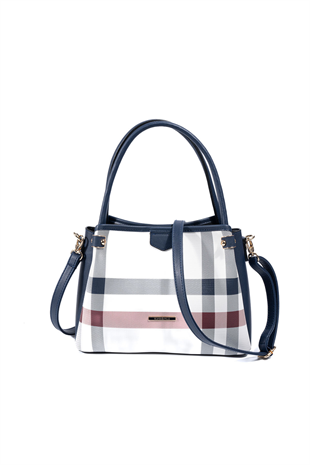 Silver & Polo SP1254 Kadın El Çantası Ekose Beyaz-Lacivert