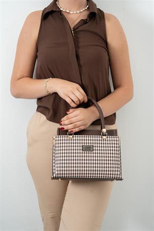 Silver & Polo SP826 Kadın El Çantası Ekose Line Kare Kahve Sarı-Kahve