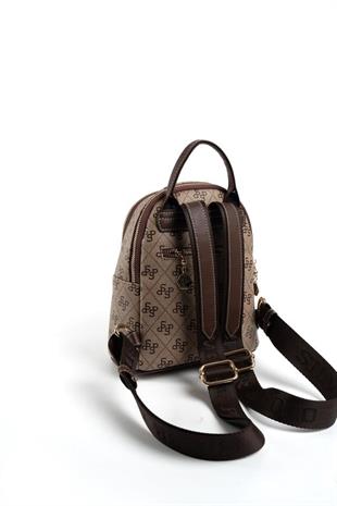 Silver & Polo SP983 Kadın Sırt Çantası Monogram Koyubej-Kahve