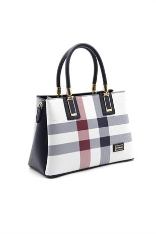 Silver & Polo SP1000 Kadın El Çantası Ekose Beyaz-Lacivert