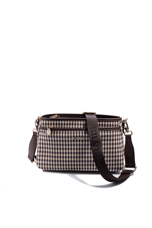 Silver & Polo SP1184 Kadın Çapraz Çanta Ekose Line Kare Kahve Sarı-Kahve
