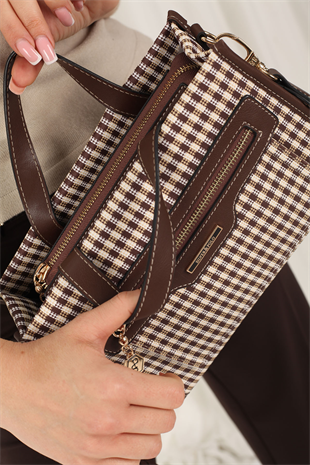 Silver & Polo SP1271 Kadın El Çantası Ekose Line Kare Kahve Sarı-Kahve