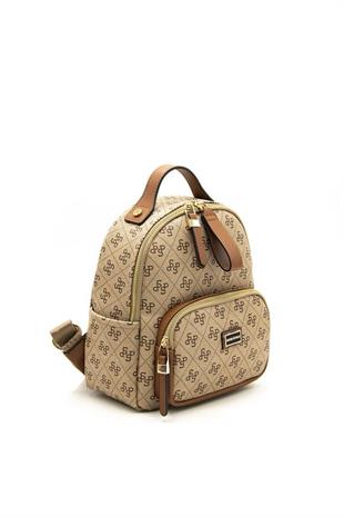 Silver & Polo SP1130 Kadın Sırt Çantası Monogram Koyu Bej-Taba