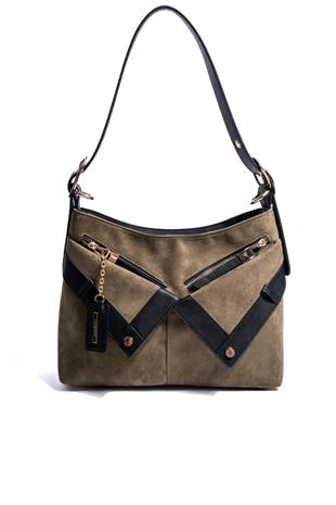 Silver & Polo SP1268 Kadın Omuz Çantası Süet Haki-Siyah
