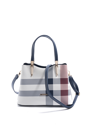 Silver & Polo SP1205 Kadın El Çantası Ekose Beyaz-Lacivert