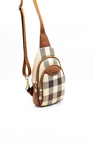 Silver & Polo SP959 Kadın Vücut Çantası Ekose Krem-Taba