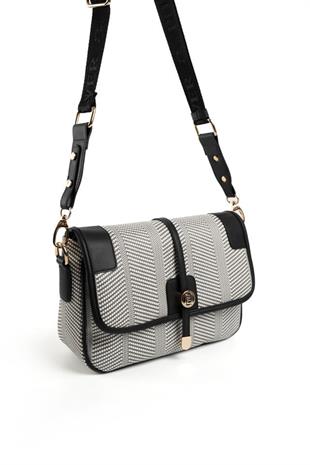 Silver & Polo SP1182 Kadın Çapraz Çanta Hasır Siyah Beyaz-Siyah