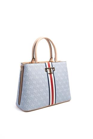 Silver & Polo SP924 Kadın El Çantası Şeritli Monogram Mavi-Ten