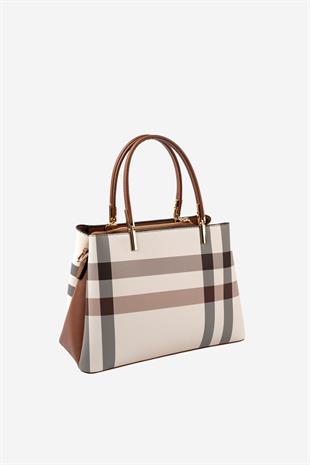 Silver & Polo SP1098 Kadın El Çantası Ekose Krem-Taba