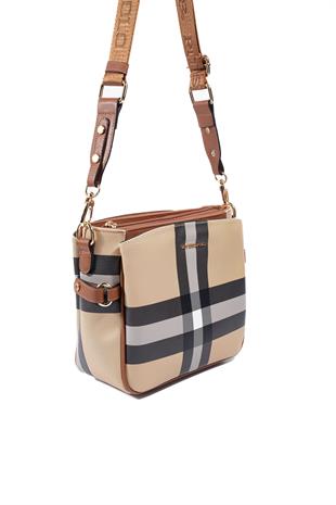 Silver & Polo SP884 Kadın Çapraz Çanta Ekose Bej-Taba
