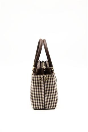 Silver & Polo SP826 Kadın El Çantası Ekose Line Kare Kahve Sarı-Kahve