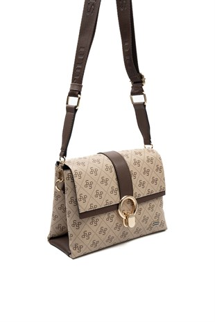 Silver & Polo SP1275 Kadın Çapraz Çanta Monogram Koyu Bej-Kahve