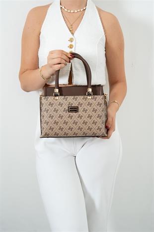 Silver & Polo SP826 Kadın El Çantası Monogram Koyubej-Kahve