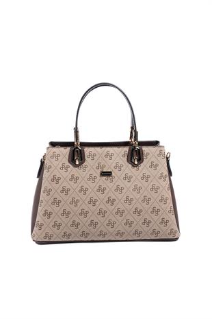 Silver & Polo SP1253 Kadın El Çantası Monogram Koyu Bej-Kahve