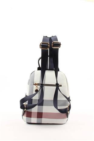 Silver & Polo SP906 Kadın Sırt Çantası Ekose Beyaz-Lacivert
