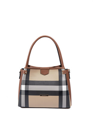 Silver & Polo SP1254 Kadın El Çantası Ekose Bej-Taba