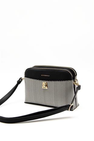 Silver & Polo SP623 Kadın Çapraz Çanta Hasır Siyah Beyaz-Siyah