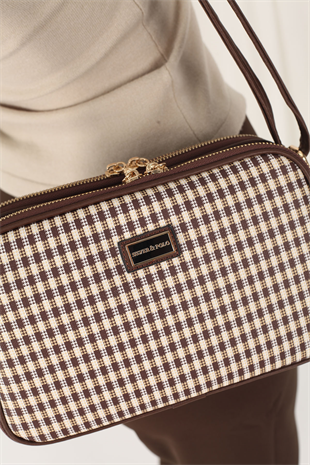 Silver Polo Kahve Sarı - Kahve Ekose Line Kare Kadın Çapraz Çanta SP899