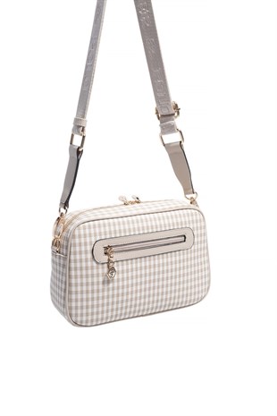 Silver & Polo SP1280 Kadın Çapraz Çanta Ekose Line Kare Kum Beji-Kum Beji