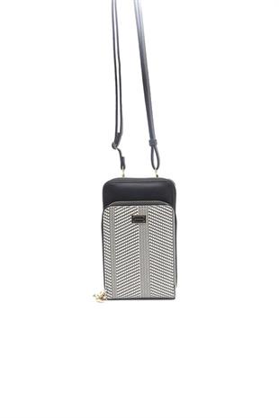 Silver Polo Siyah Beyaz - Siyah Hasır Kadın Telefon Çantası SP1011