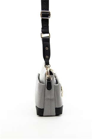 Silver & Polo SP1110 Kadın Çapraz Çanta Hasır Siyah Beyaz-Siyah