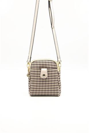 Silver & Polo SP1157 Kadın Çapraz Çanta Ekose Line Kare Kahve Sarı-Bej