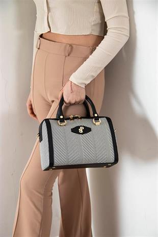 Silver & Polo SP1091 Kadın El Çantası Hasır Siyah Beyaz-Siyah