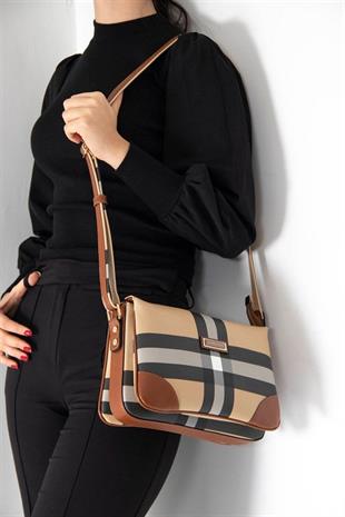Silver & Polo SP784 Kadın Çapraz Çanta Ekose Bej-Taba