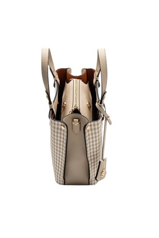 Silver & Polo SP975 Kadın El Çantası Ekose Line Kare Kum Beji-Kum Beji