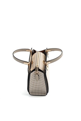 Silver & Polo SP1133 Kadın El Çantası Ekose Line Kare Kum Beji-Kum Beji