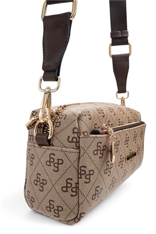 Silver Polo Koyu Bej - Kahve Monogram Kadın Çapraz Çanta SP1142