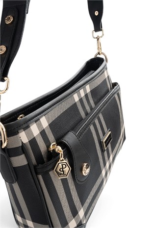 Silver & Polo Siyah - Siyah Çizgili Ekose Kadın Çapraz Çanta SP1160