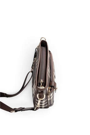 Silver Polo Kahve - Kahve Çizgili Ekose Kadın Çapraz Çanta SP1160